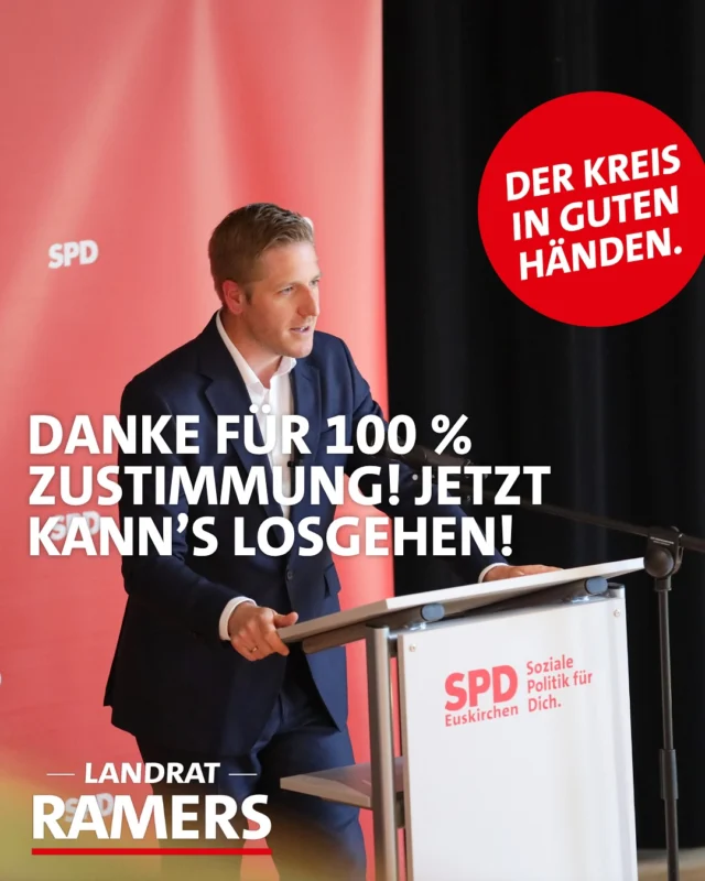 Letzte Woche bin ich mit 100 Prozent Zustimmung von der SPD offiziell für die Landratswahl nominiert worden. Das Vertrauen und der große Rückhalt haben mich sehr gefreut.
Und jetzt gilt es: Ich werde in den nächsten Wochen und Monaten für eine Fortsetzung meiner Arbeit als Landrat kämpfen. Es leben 200.000 Menschen im Kreis Euskirchen - um die geht es!