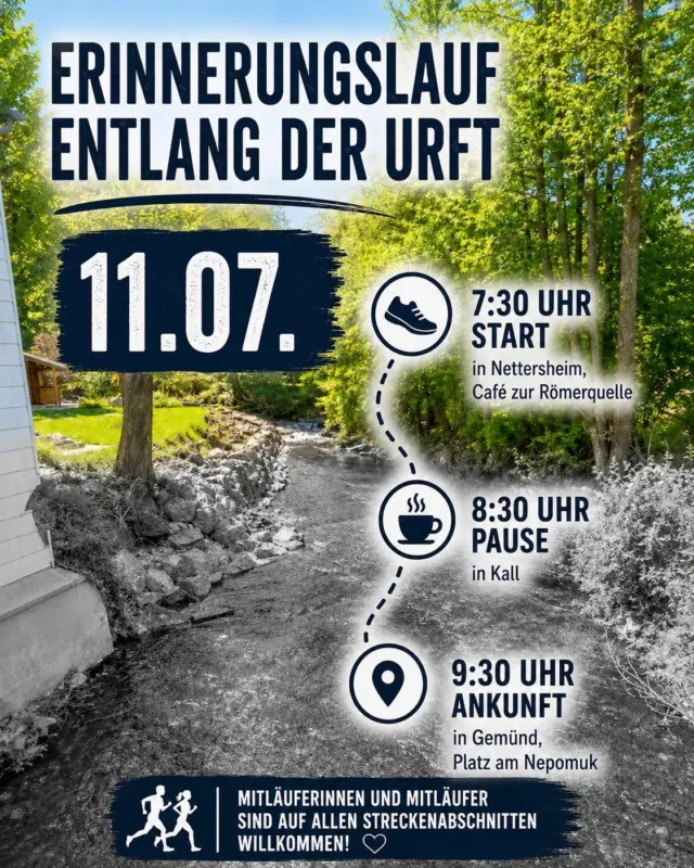 Wer läuft mit? 
In der kommenden Woche jährt sich die Flutkatastrophe zum fünften Mal. Ich werde bei verschiedenen Gedenkveranstaltungen in den betroffenen Orten dabei sein und auch an der zentralen Veranstaltung mit dem Bundespräsidenten im Düsseldorfer Landtag teilnehmen. 

Erinnern ist irgendwie auch immer etwas persönliches und daher mache ich im Vorfeld der offiziellen Terminen zwei „Erinnerungsläufe“ - entlang der Urft und entlang der Erft. Für mich ist das Laufen eine passende Form noch einmal entlang der Flussläufe und in den betroffenen Orten unterwegs zu sein - ohne viel Tam Tam einfach Schritt für Schritt ein bisschen erinnern und schauen, was wir geschafft haben. 

Wer Lust und Zeit hat, ist herzlich eingeladen mich ein Stück zu begleiten. 
Samstag: Nettersheim - Gemünd, Gesamtstrecke 18 km 
Sonntag: Holzmühlheim - Weilerswist, Gesamtstrecke 38 km 
Jeweils lockeres Jogging-Tempo so 6:00 bis 6:30 min/km. 
Bei Rückfragen könnt ihr mich über die bekannten Kanäle anschreiben und natürlich gerne auch die Infos weiterleiten. 🙏